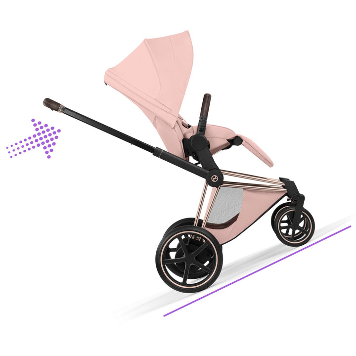 Cybex e-PRIAM Style Pushchair & Fold Cot Bundle - Peach Pink & Rose Gold Frame