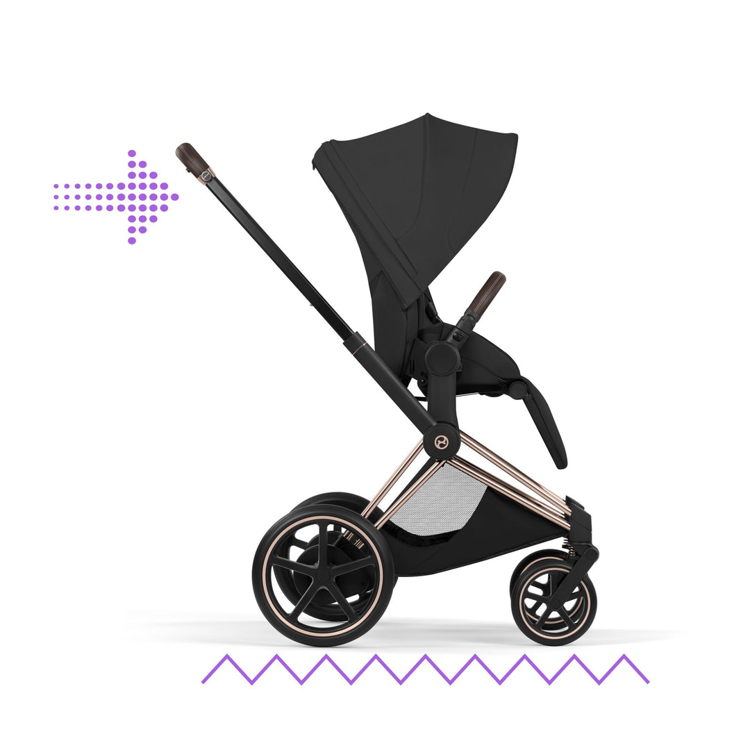Cybex e-PRIAM Style Pushchair & Fold Cot Bundle - Sepia Black & Rose Gold Frame