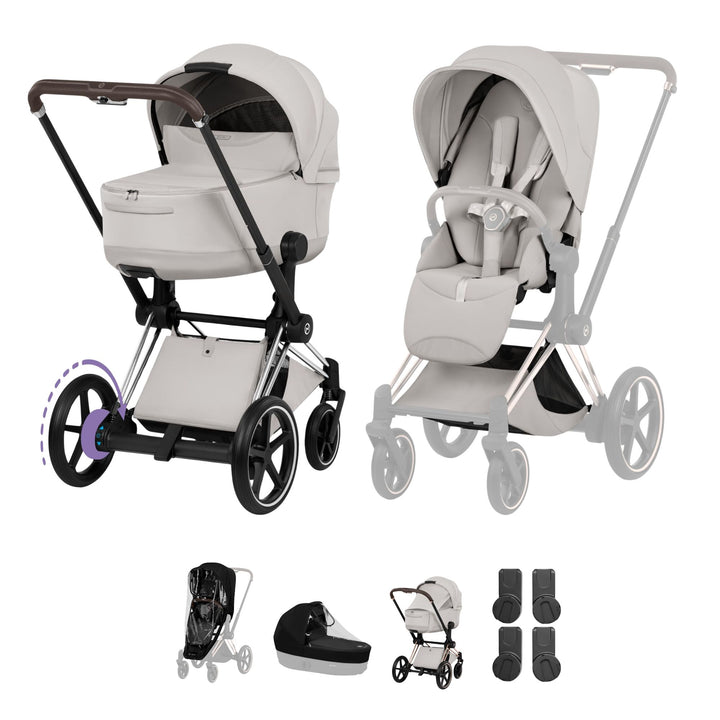 Cybex e-PRIAM Style Pushchair & Fold Cot Bundle - City Grey & Chrome Brown Frame