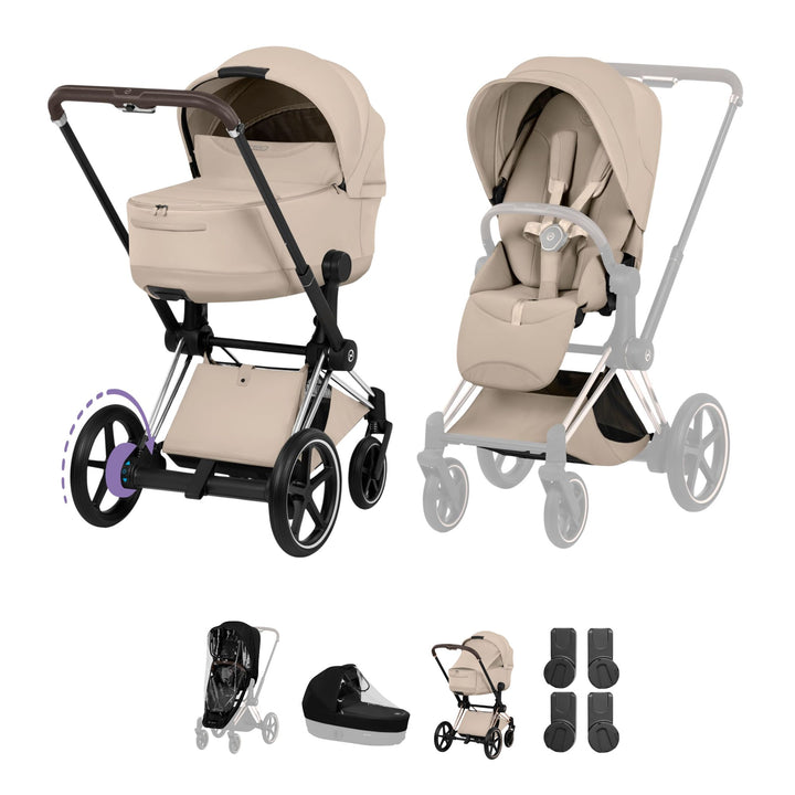 Cybex e-PRIAM Style Pushchair & Fold Cot Bundle - Cozy Beige & Chrome Brown Frame