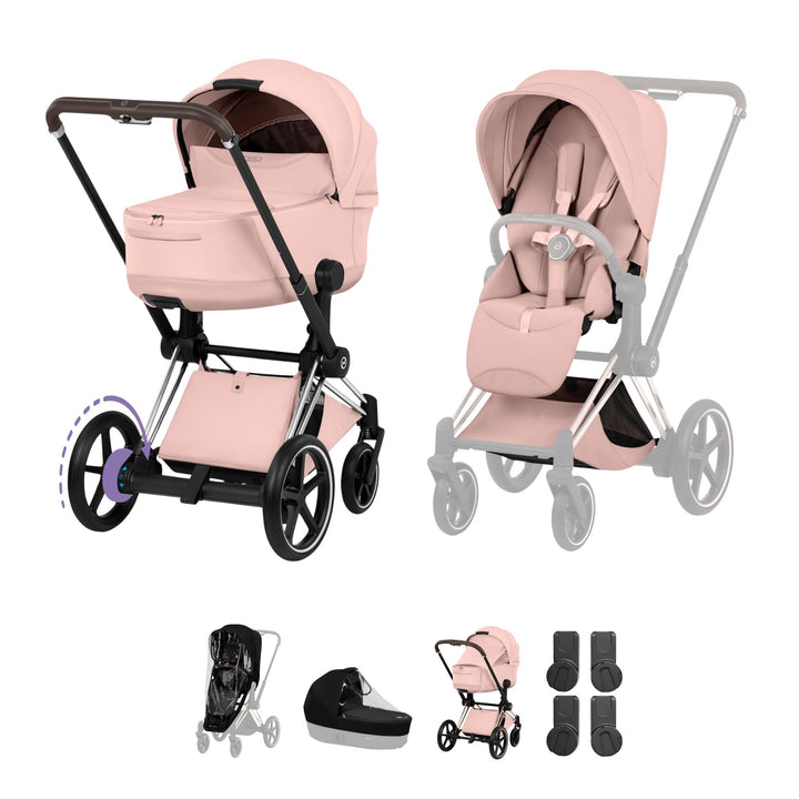 Cybex e-PRIAM Style Pushchair & Fold Cot Bundle - Peach Pink & Chrome Brown Frame
