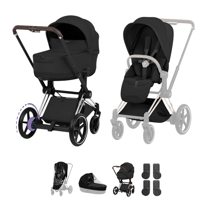 Cybex e-PRIAM Style Pushchair & Fold Cot Bundle - Sepia Black & Chrome Brown Frame