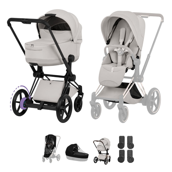 Cybex e-PRIAM Style Pushchair & Fold Cot Bundle - City Grey & Matt Black Frame