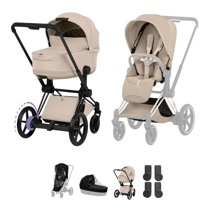 Cybex e-PRIAM Style Pushchair & Fold Cot Bundle - Cozy Beige & Matt Black Frame