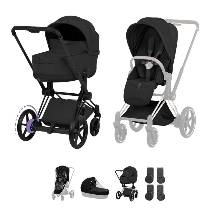 Cybex e-PRIAM Style Pushchair & Fold Cot Bundle - Sepia Black & Matt Black Frame