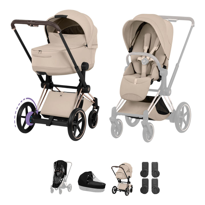 Cybex e-PRIAM Style Pushchair & Fold Cot Bundle - Cozy Beige & Rose Gold Frame