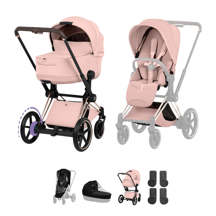Cybex e-PRIAM Style Pushchair & Fold Cot Bundle - Peach Pink & Rose Gold Frame