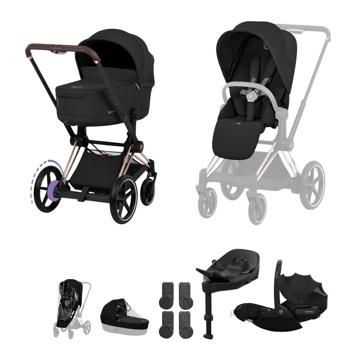 Cybex e-PRIAM Fold Cot Travel System Bundle - Style Sepia Black & Rose Gold Frame