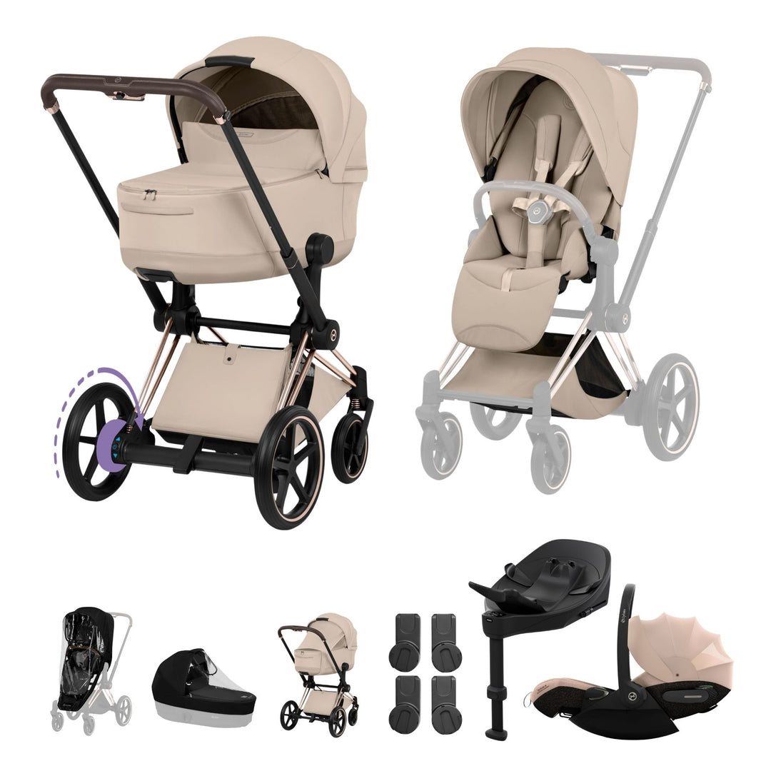 Cybex e-PRIAM Fold Cot Travel System Bundle - Style Cozy Beige & Rose Gold Frame