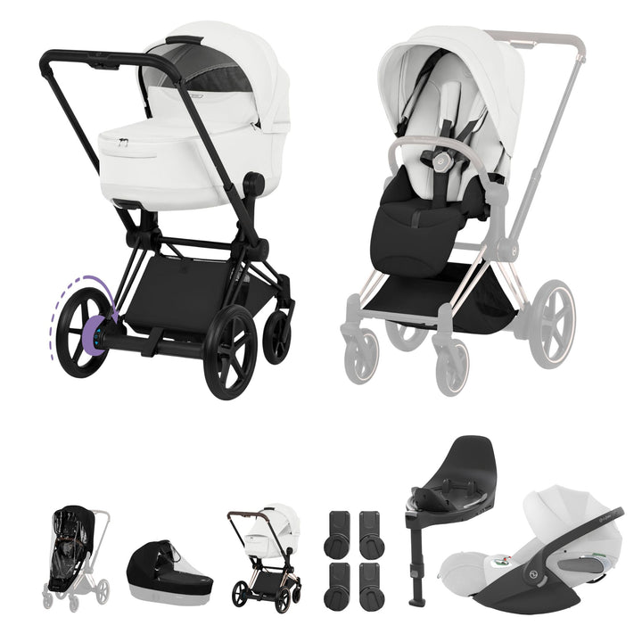 Cybex e-PRIAM Style Pushchair & Fold Cot Bundle - Off White & Matt Black Frame