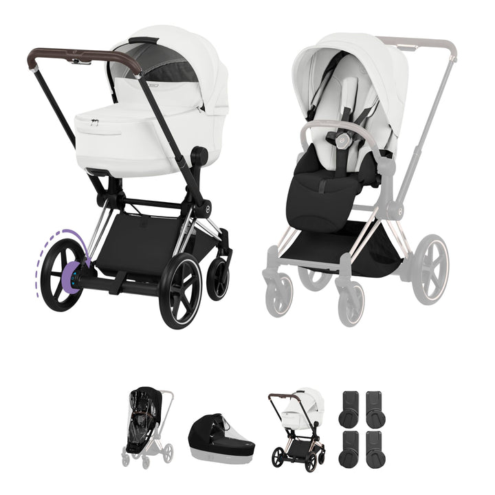 Cybex e-PRIAM Style Pushchair & Fold Cot Bundle - Off White & Chrome Brown Frame