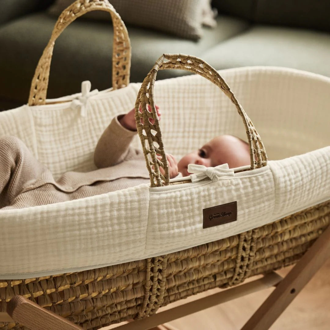 Little Green Sheep Cotton Muslin Moses Basket, Mattress & Natural Static Stand - Ecru