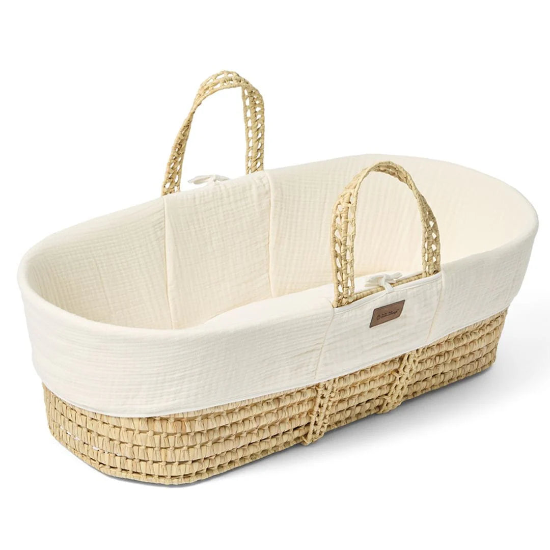 Little Green Sheep Cotton Muslin Moses Basket, Mattress & Natural Static Stand - Ecru