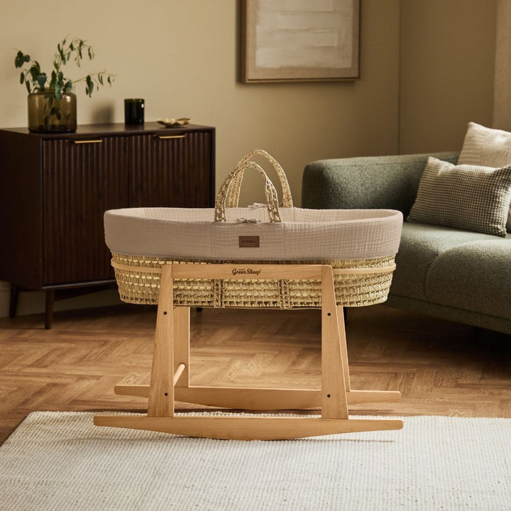 Little Green Sheep Cotton Muslin Moses Basket, Mattress & Natural Rocking Stand - Truffle