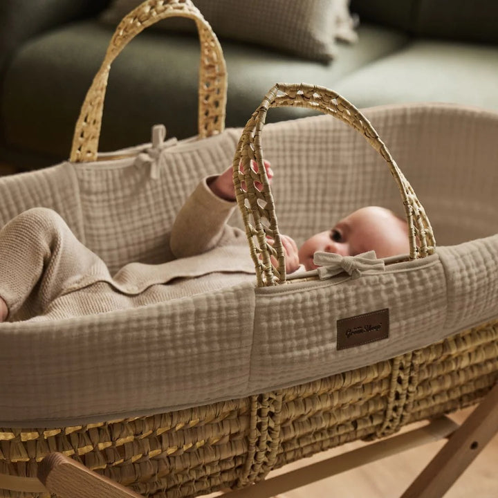 Little Green Sheep Cotton Muslin Moses Basket, Mattress & Walnut Static Stand - Truffle