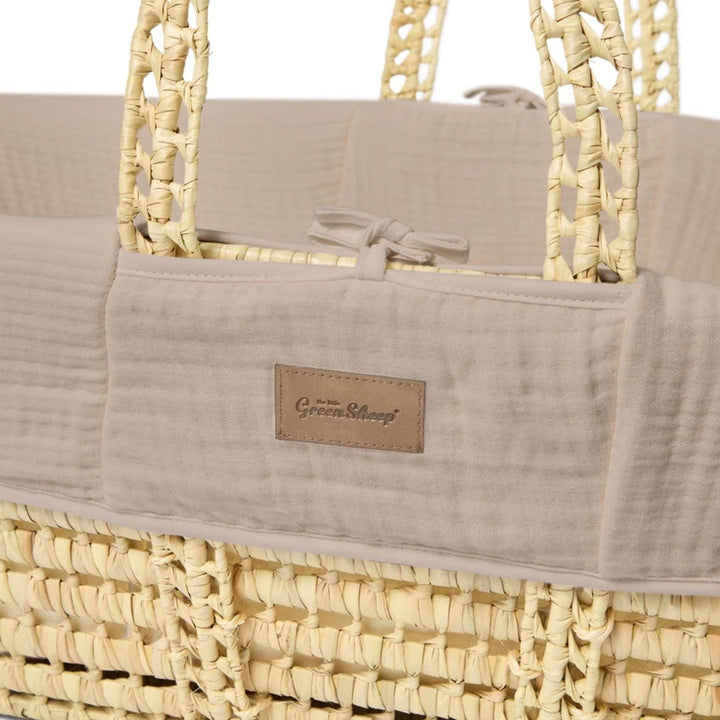 Little Green Sheep Cotton Muslin Moses Basket, Mattress & Walnut Static Stand - Truffle