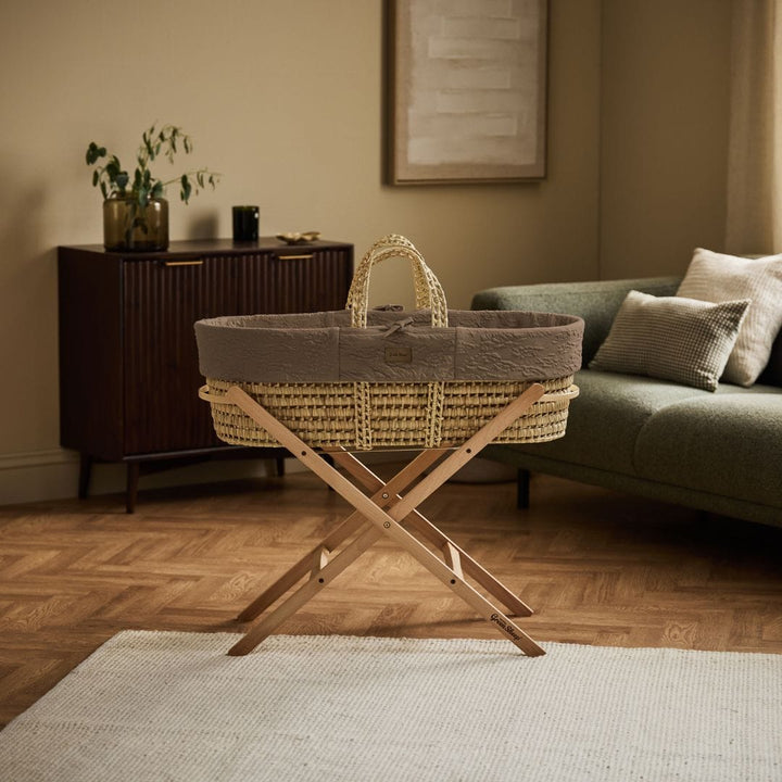 Little Green Sheep Organic Furrow Moses Basket, Mattress & Natural Static Stand - Cocoa