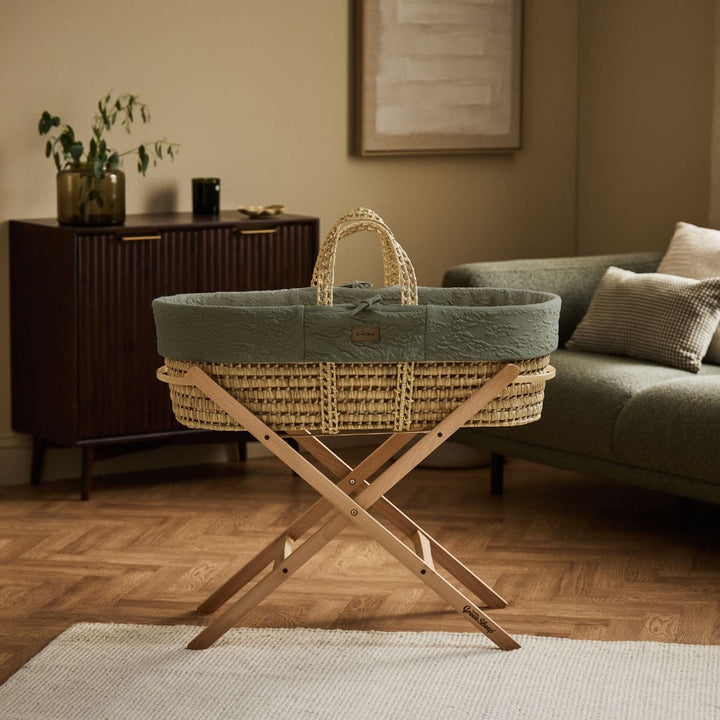Little Green Sheep Organic Furrow Moses Basket, Mattress & Natural Static Stand - Juniper