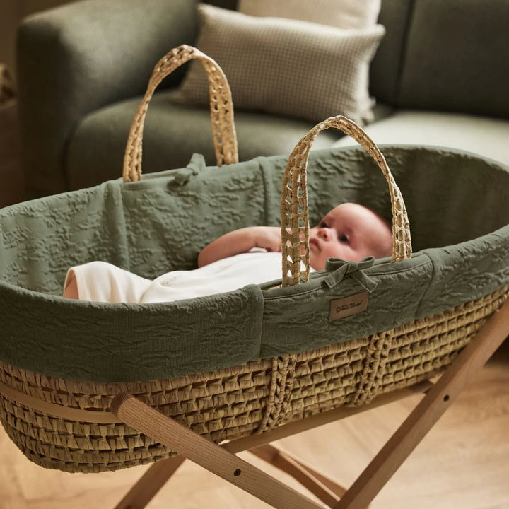 Little Green Sheep Organic Furrow Moses Basket, Mattress & Natural Rocking Stand - Juniper