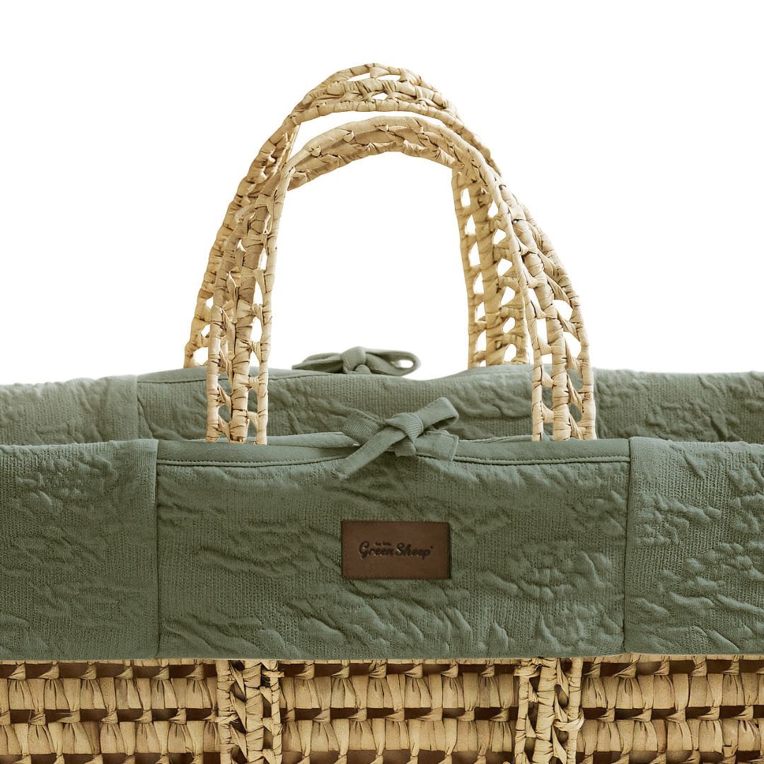 Little Green Sheep Organic Furrow Moses Basket, Mattress & Natural Static Stand - Juniper