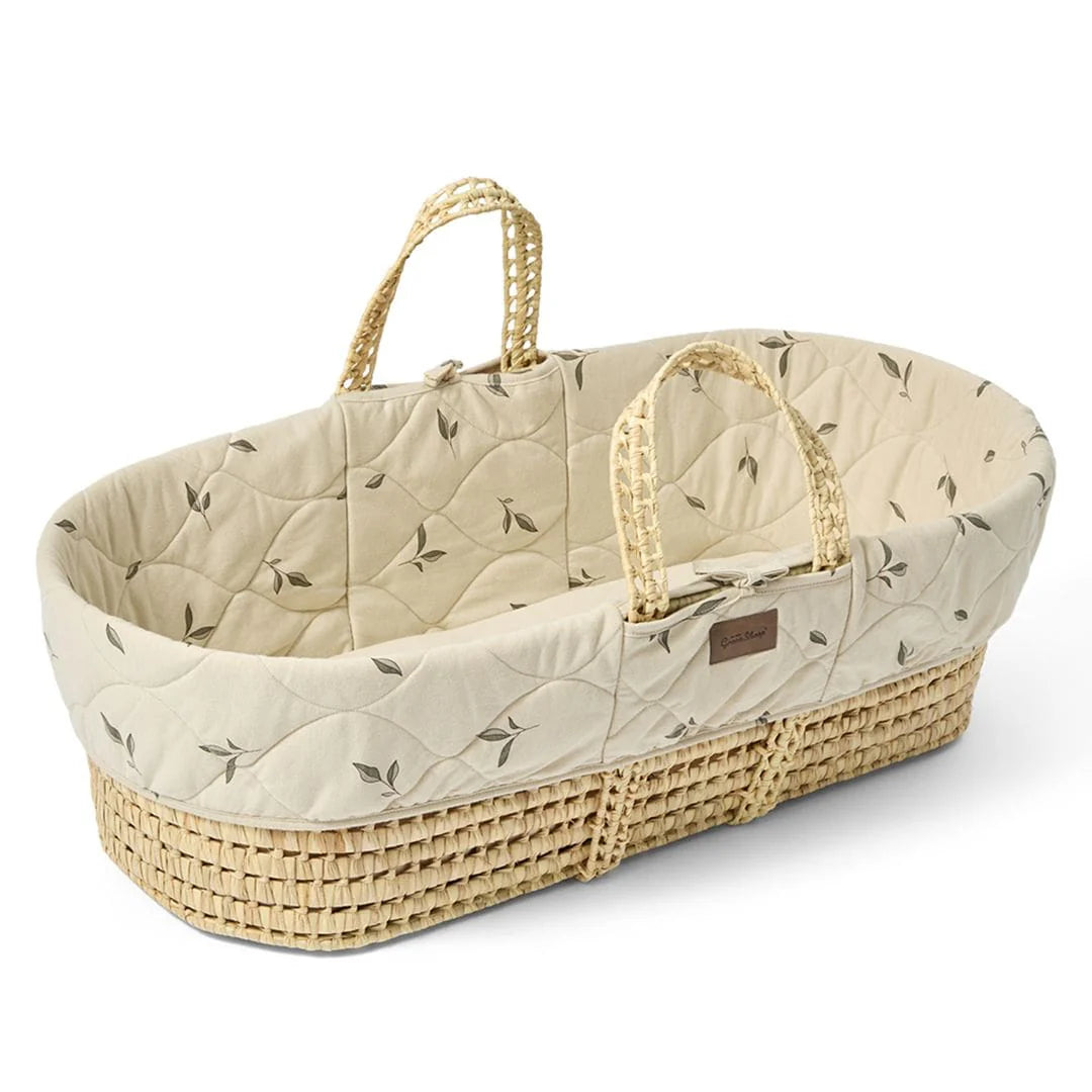 Little Green Sheep Organic Quilted Moses Basket, Mattress & Walnut Static Stand - Leaves Print