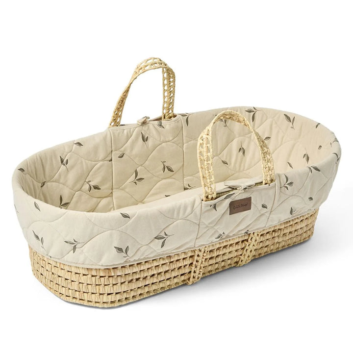 Little Green Sheep Organic Quilted Moses Basket, Mattress & Walnut Static Stand - Leaves Print