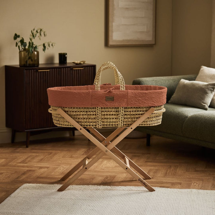 Little Green Sheep Organic Furrow Moses Basket, Mattress & Natural Static Stand - Terracotta