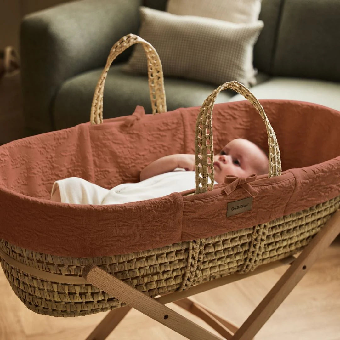 Little Green Sheep Organic Furrow Moses Basket, Mattress & Walnut Static Stand - Terracotta