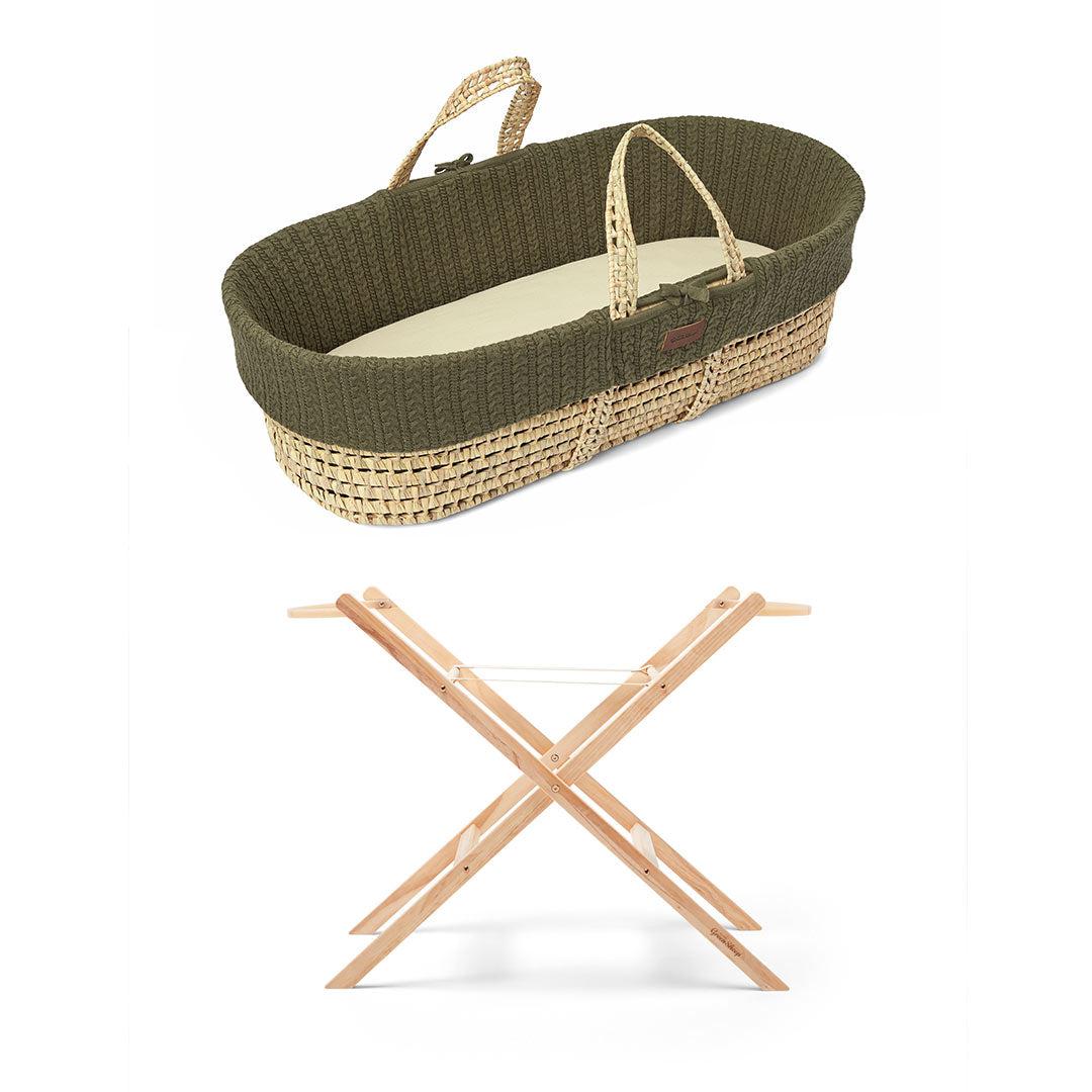 Little Green Sheep Organic Knitted Moses Basket, Mattress & Natural Static Stand - Juniper