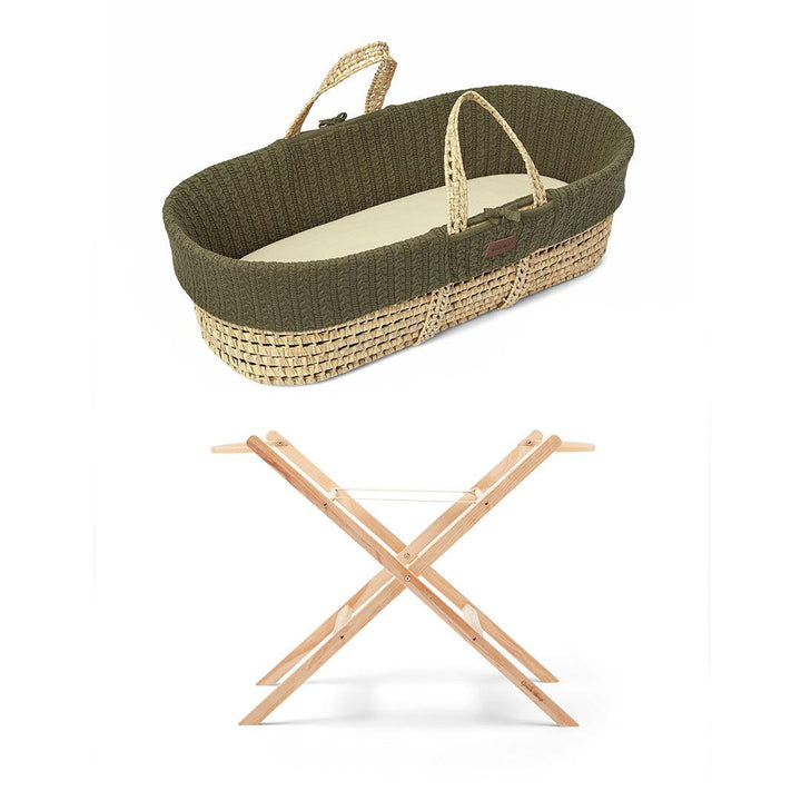 Little Green Sheep Organic Knitted Moses Basket, Mattress & Natural Static Stand - Juniper