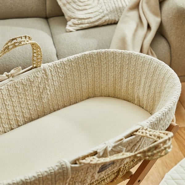 Little Green Sheep Organic Knitted Moses Basket, Mattress & Walnut Static Stand - Linen