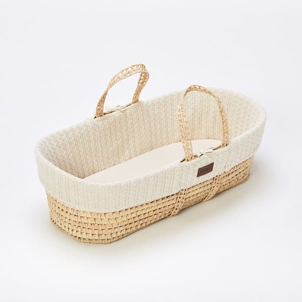 Little Green Sheep Organic Knitted Moses Basket, Mattress & Walnut Rocking Stand - Linen