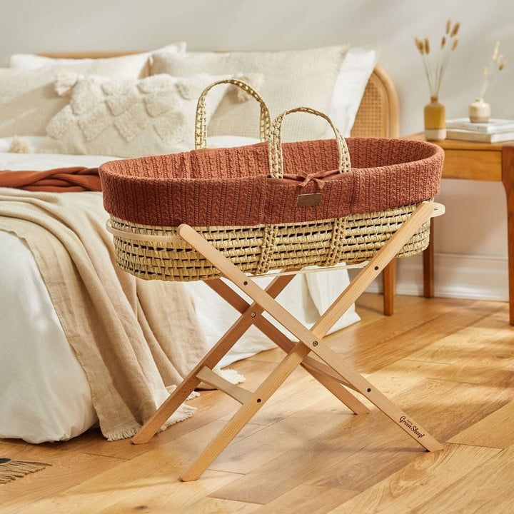 Little Green Sheep Organic Knitted Moses Basket, Mattress & Natural Static Stand - Terracotta