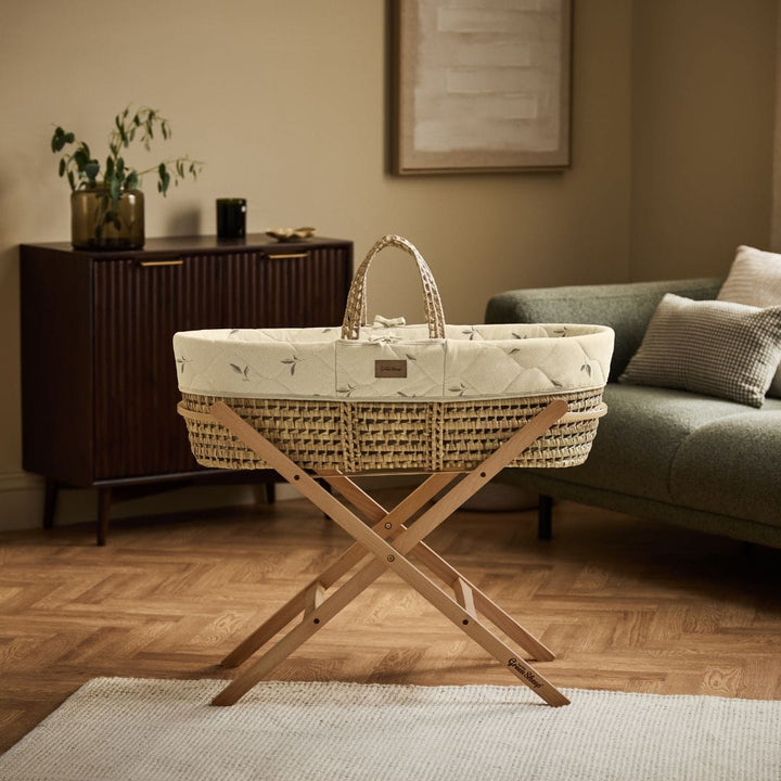Little Green Sheep Organic Quilted Moses Basket, Mattress & Natural Static Stand - Leaves Print
