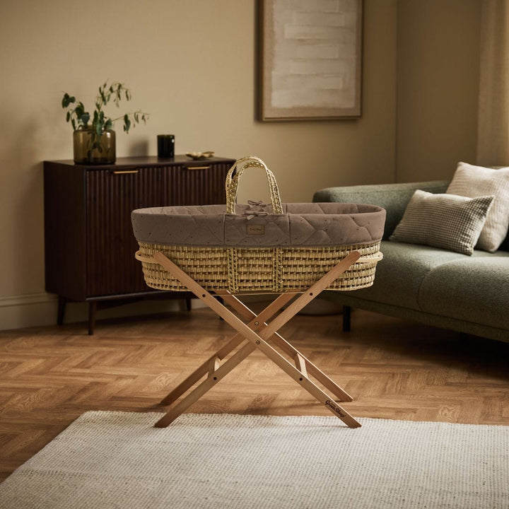 Little Green Sheep Organic Quilted Moses Basket, Mattress & Natural Static Stand - Cocoa Rice Print