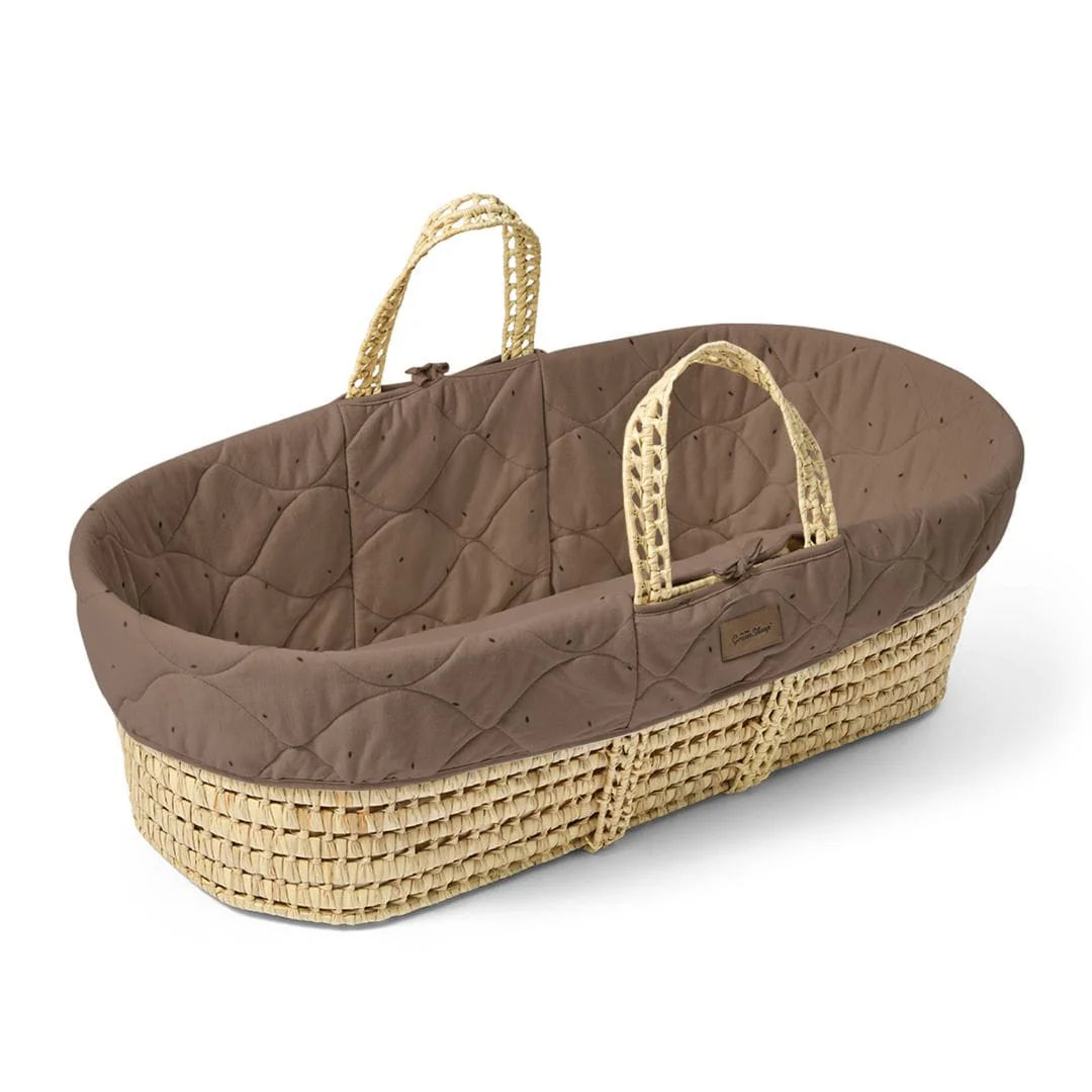 Little Green Sheep Organic Quilted Moses Basket, Mattress & Walnut Static Stand - Cocoa Rice Print