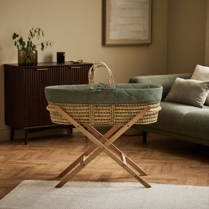 Little Green Sheep Organic Quilted Moses Basket, Mattress & Natural Static Stand - Juniper Rice Print
