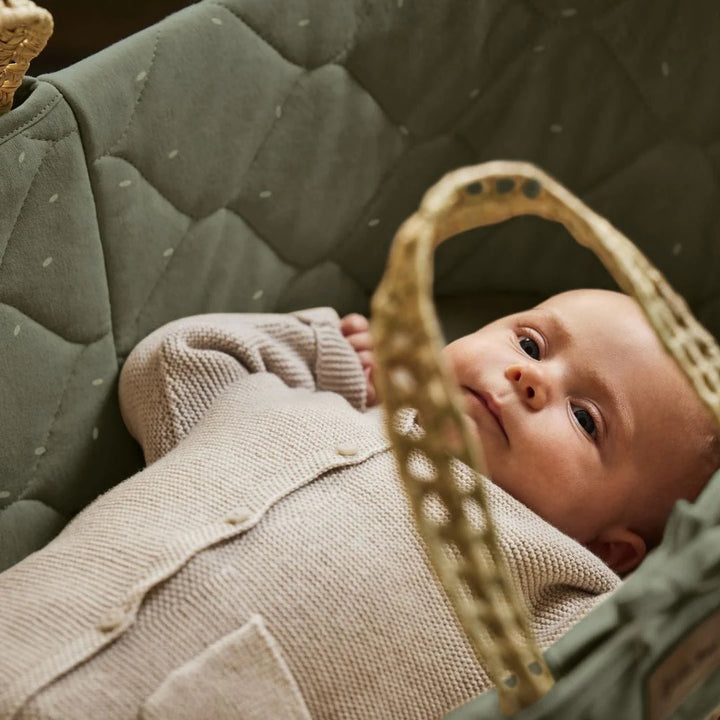 Little Green Sheep Organic Quilted Moses Basket, Mattress & Walnut Static Stand - Juniper Rice Print