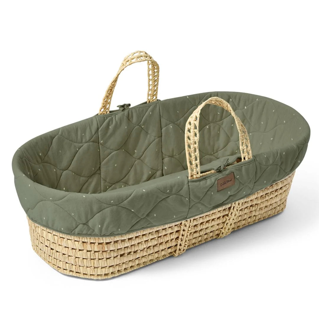 Little Green Sheep Organic Quilted Moses Basket, Mattress & Walnut Static Stand - Juniper Rice Print