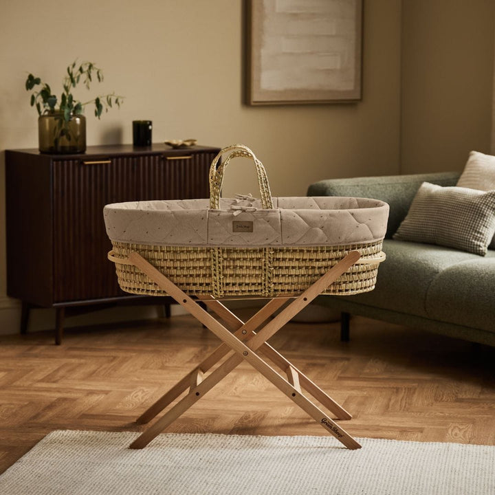 Little Green Sheep Organic Quilted Moses Basket, Mattress & Natural Static Stand - Truffle Rice Print