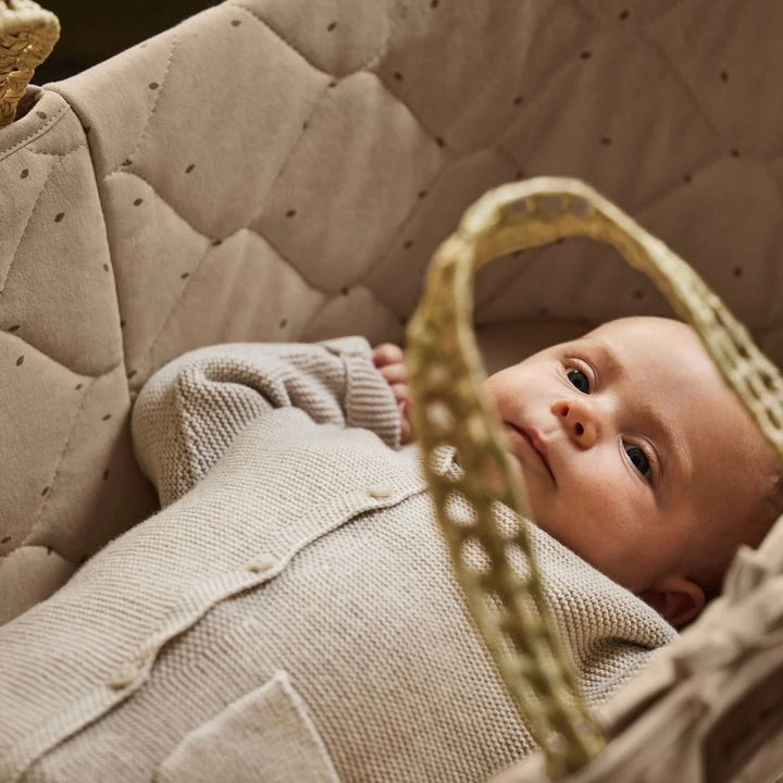 Little Green Sheep Organic Quilted Moses Basket, Mattress & Natural Static Stand - Truffle Rice Print