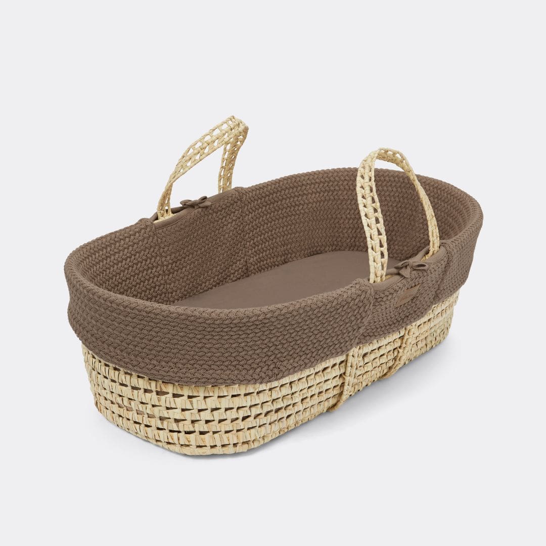 Little Green Sheep Organic Knitted Moses Basket, Mattress & Natural Rocking Stand - Cocoa