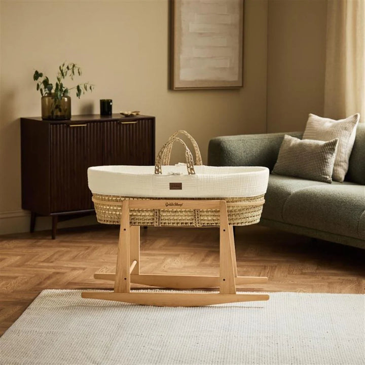 Little Green Sheep Cotton Muslin Moses Basket, Mattress & Natural Rocking Stand - Ecru