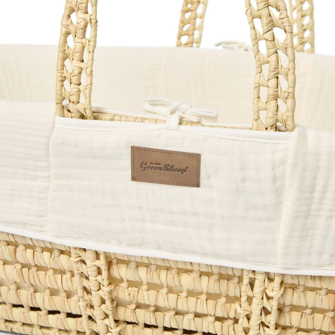 Little Green Sheep Cotton Muslin Moses Basket, Mattress & Natural Rocking Stand - Ecru