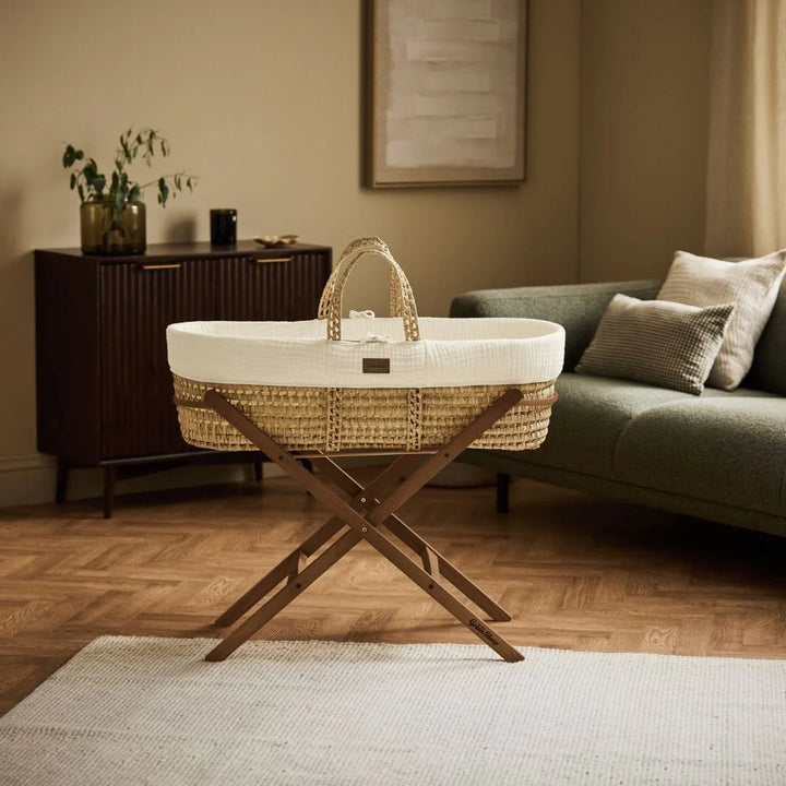 Little Green Sheep Cotton Muslin Moses Basket, Mattress & Walnut Static Stand - Ecru