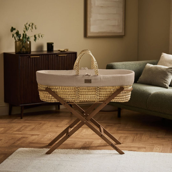 Little Green Sheep Cotton Muslin Moses Basket, Mattress & Walnut Static Stand - Truffle
