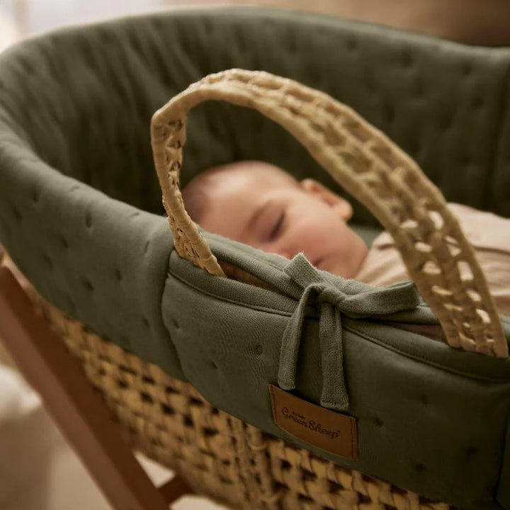 Little Green Sheep Organic Dimple Quilted Moses Basket, Mattress & Walnut Static Stand - Juniper