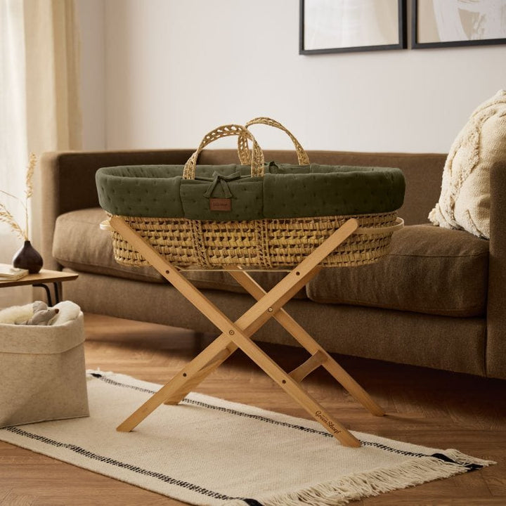 Little Green Sheep Organic Dimple Quilted Moses Basket, Mattress & Natural Static Stand - Juniper