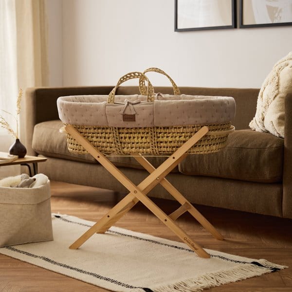 Little Green Sheep Organic Dimple Quilted Moses Basket, Mattress & Natural Static Stand - Truffle