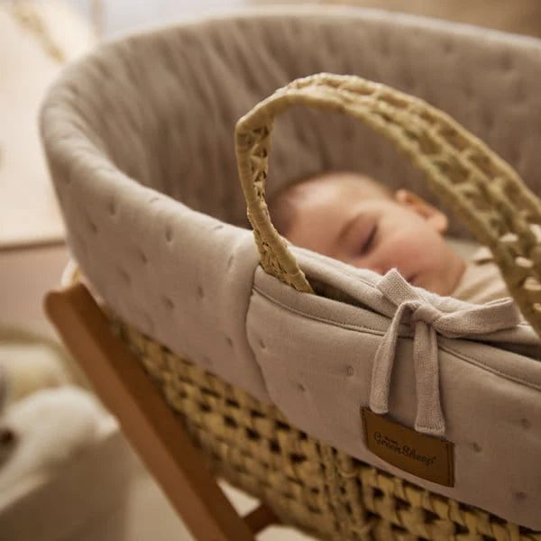 Little Green Sheep Organic Dimple Quilted Moses Basket, Mattress & Natural Static Stand - Truffle